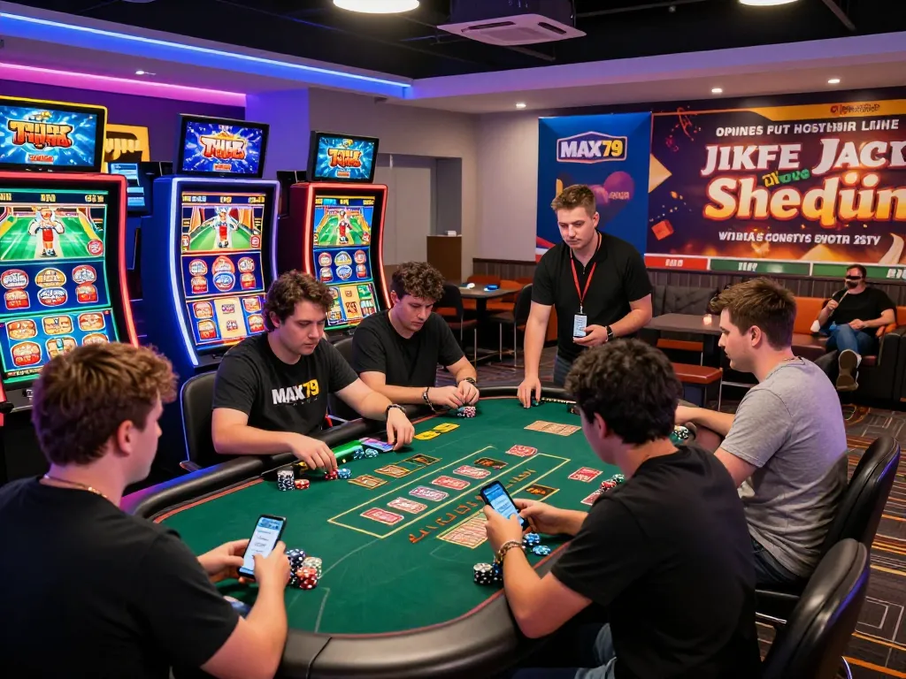 Players enjoying gaming at https://max79.guru/ with vibrant screens and exciting atmosphere