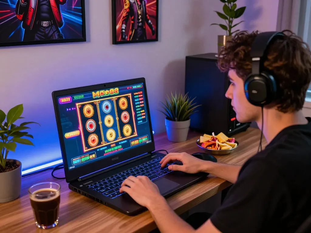 Engaging player enjoying mm88 online casino gaming on laptop, colorful slot graphics displayed, cozy atmosphere.