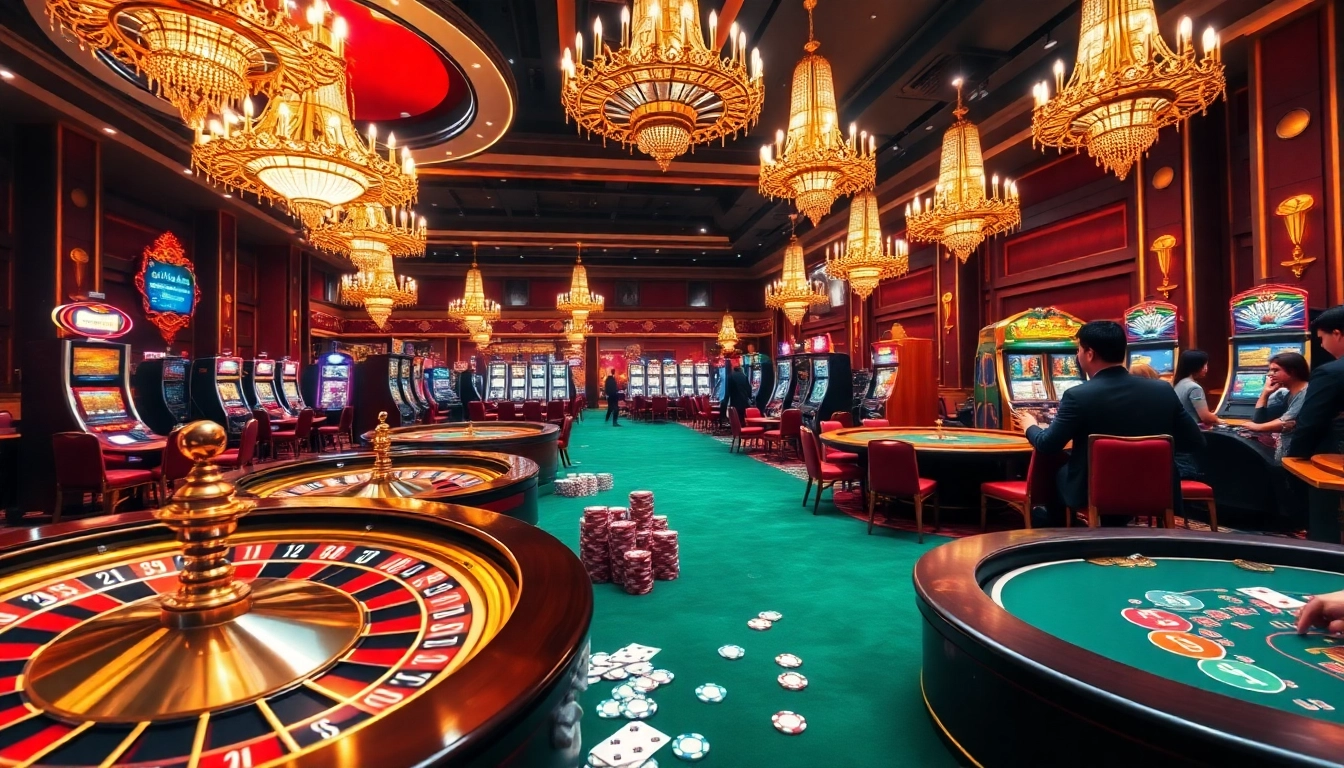 Experience the excitement of F168 nhà cái with a vibrant casino scene featuring roulette wheels and poker tables.