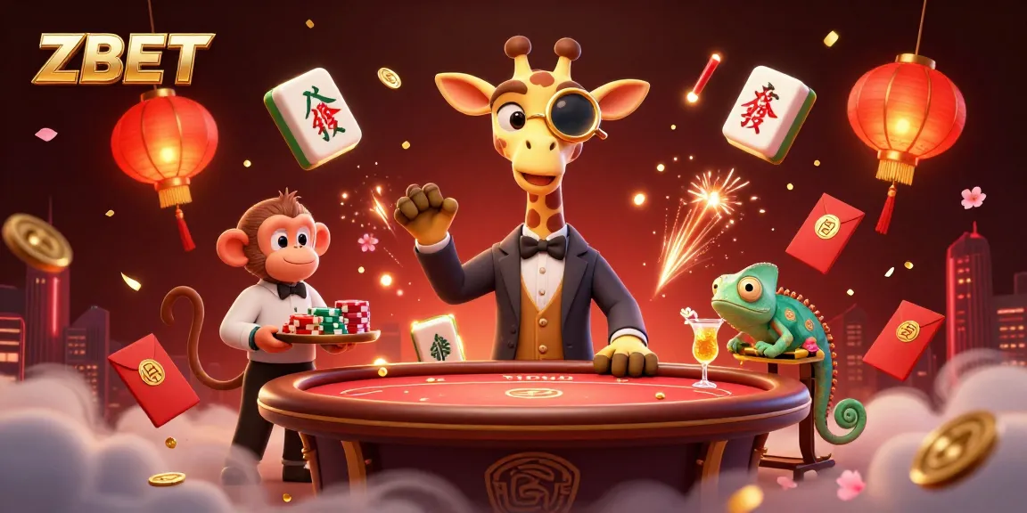 ZBET highlights thrilling casino action with giraffe high-roller, monkey valet, and chameleon bartender.