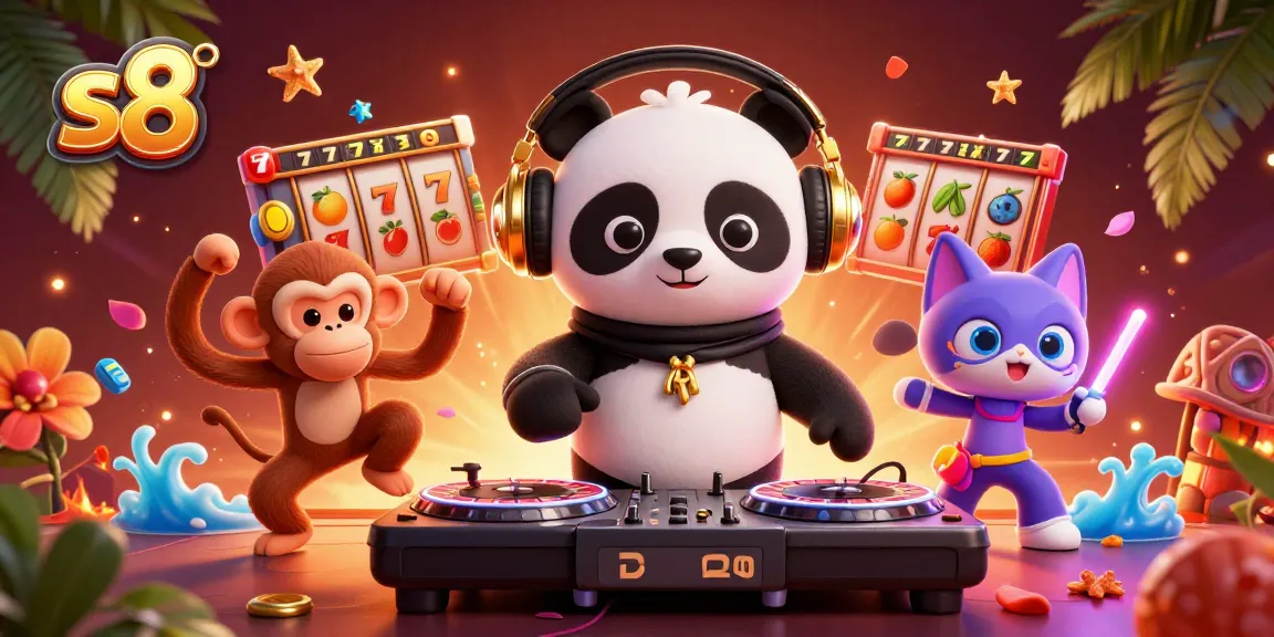 Hit the jackpot with s8, dynamic casino scene featuring DJ panda, breakdancing monkey, and glow-stick kitten.