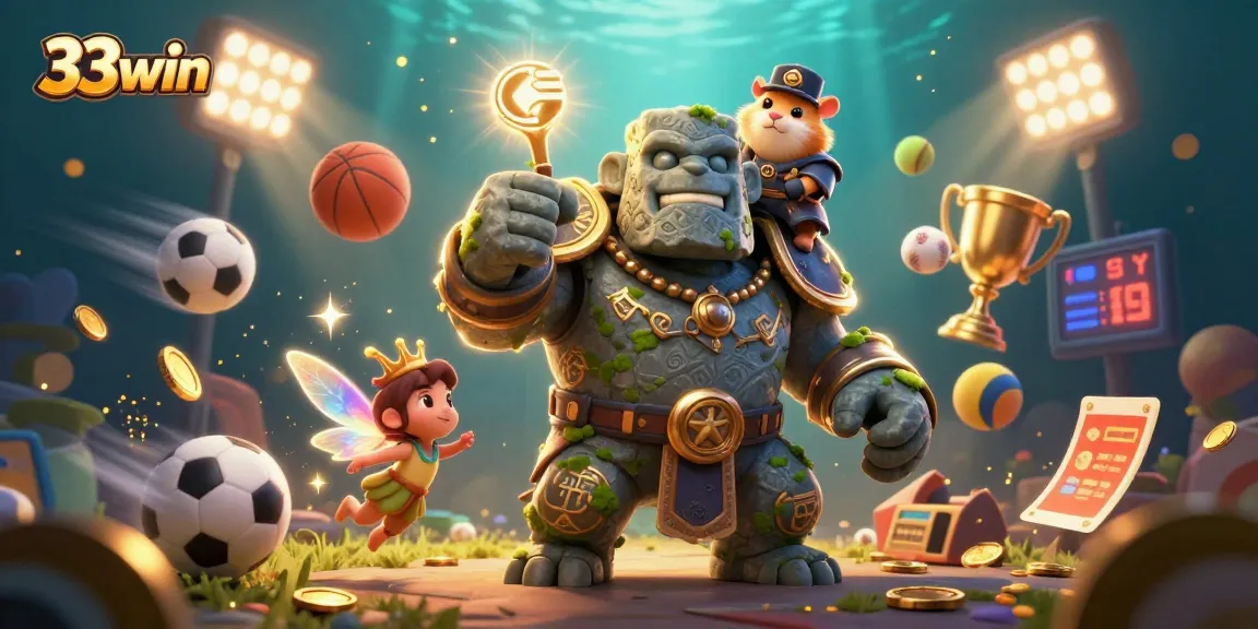 Win big with 33win's exciting gaming action featuring a magical scene of a golem, fairy, and hamster knight.