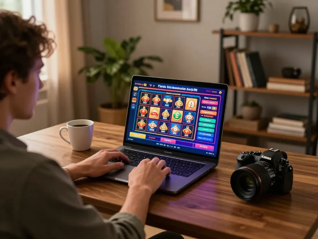 Engaging online gaming scene featuring nhà cái 5679 with player at laptop enjoying casino games, cozy home atmosphere.