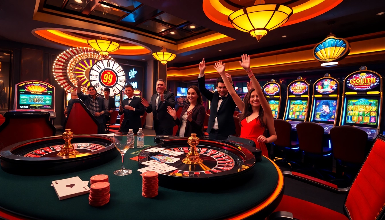 Enthusiastic players celebrating at a luxurious casino, featuring the nhà cái 98win.