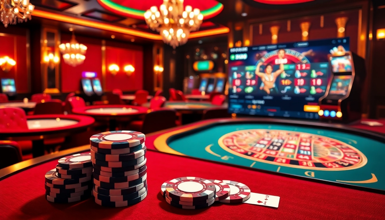 Experience the thrill of EE88 with shiny poker chips and a vibrant casino atmosphere.