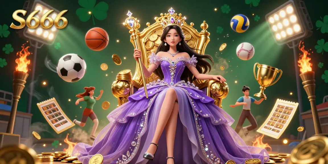 S666 showcases a stunning scene with a royal Asian woman in a purple gown holding a diamond-tipped scepter amidst dynamic sports betting elements.