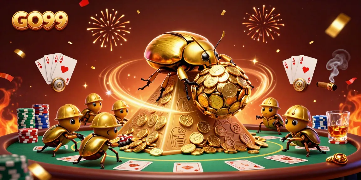 Engage with GO99’s thrilling payouts while a golden beetle rolls coins in a vibrant casino scene.