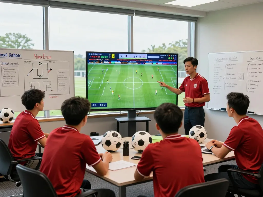 Soccer tips analysis by experts in a vibrant sports office.
