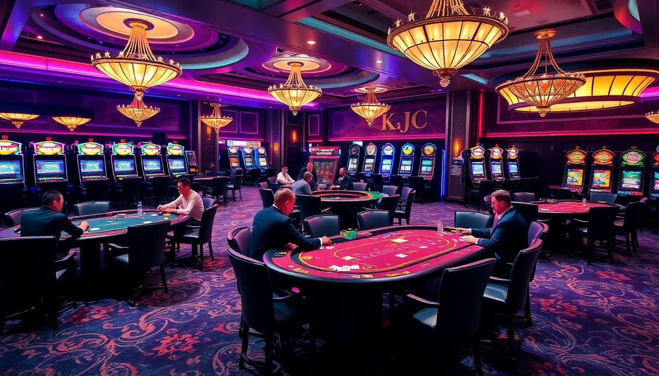 KJC-themed casino scene with poker tables, roulette wheel, and slot machines for an exciting atmosphere.