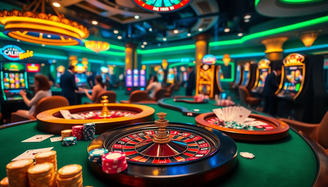 Experience thrilling gameplay at https://mm88-mm888.com/ with an exciting casino scene featuring vibrant tables and slot machines.