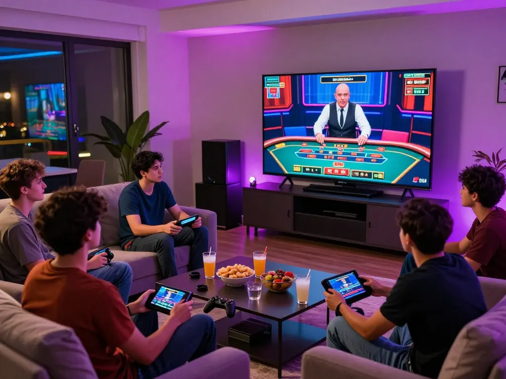 Engaging online gaming scene showcasing friends enjoying a live dealer game at okwin with vibrant lighting and gaming elements.