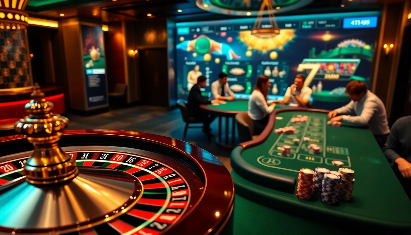 Gambling excitement at https://789p.gives/ featuring a roulette wheel and poker players.