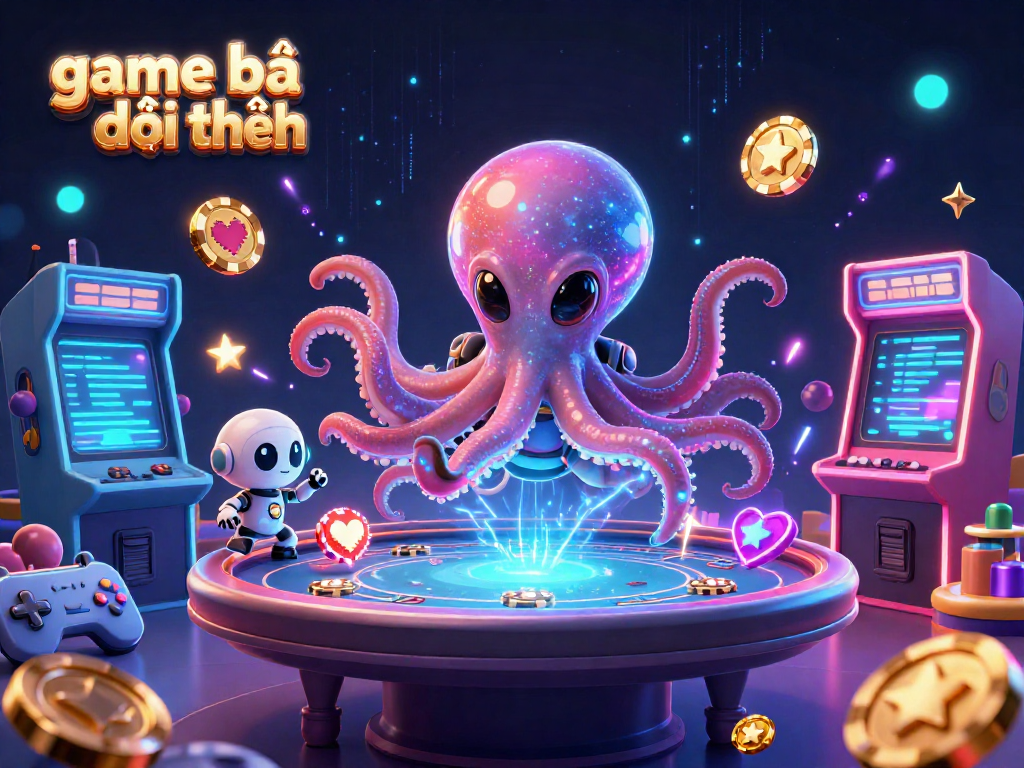 Engage in game bài đổi thưởng with a cosmic octopus and a robot at a vibrant poker table.