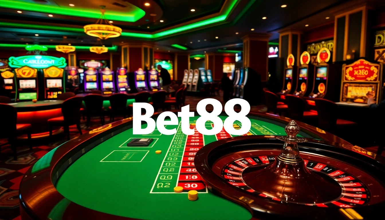 Players enjoying a vibrant casino experience at Bet88 with roulette and blackjack tables