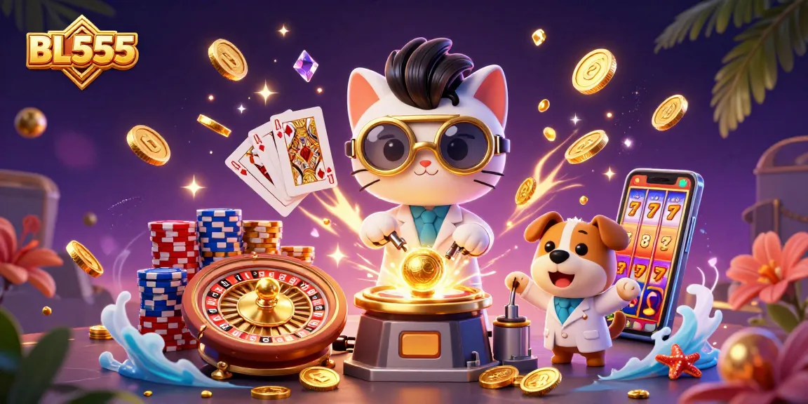 Engage with BL555 in this vibrant casino scene featuring animated characters and dynamic game elements.