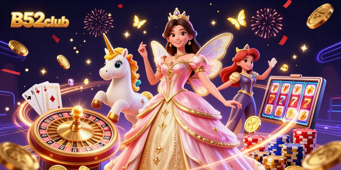 Experience B52club's thrilling atmosphere with 3D characters amidst golden coins and casino elements.