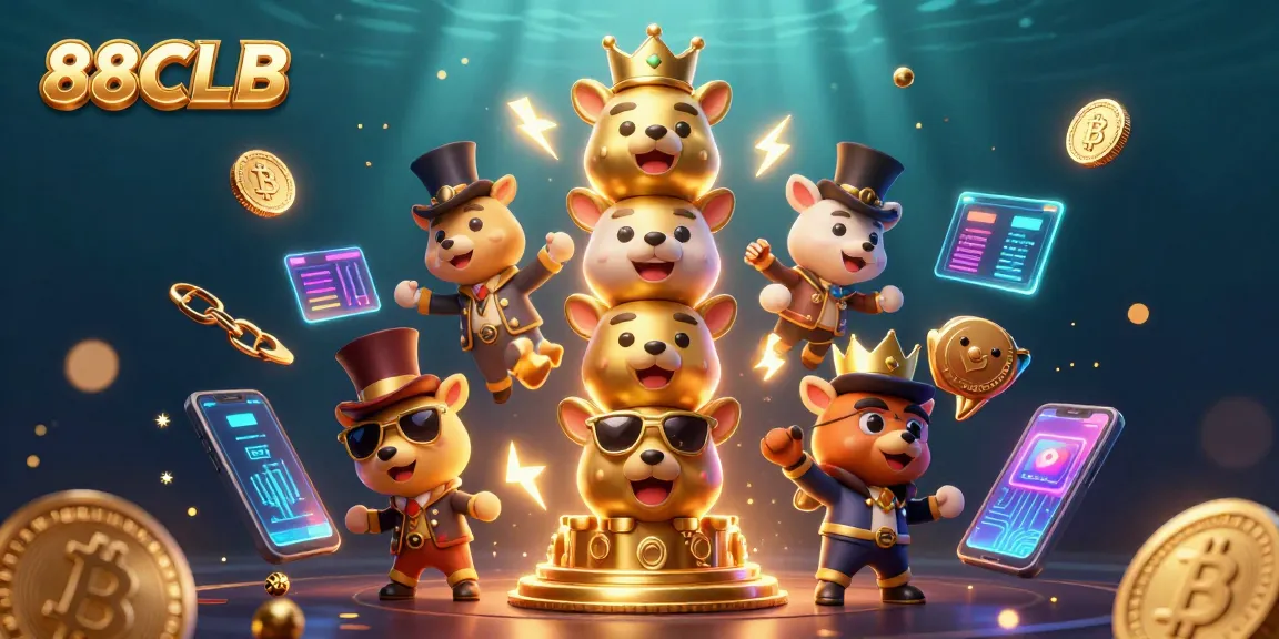 Experience the dynamic world of gambling with 88CLB through a vibrant 3D casino illustration featuring unique casino characters and elements.