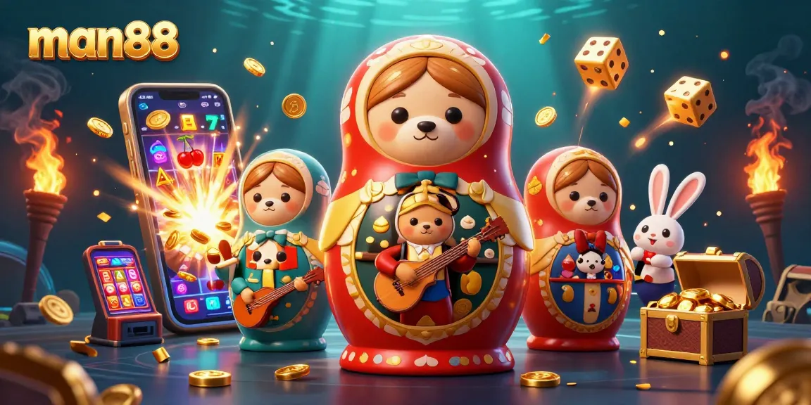 man88 reveals exciting casino action with adorable bears, vibrant slot machines, and celebratory confetti.