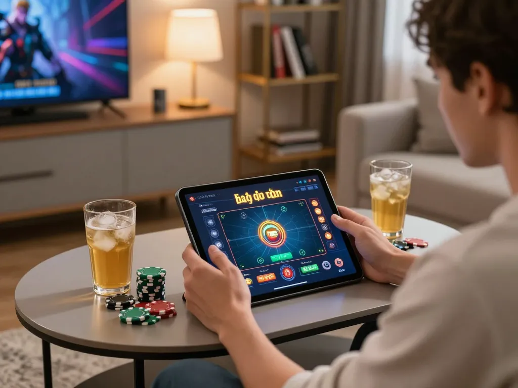 Engaged player enjoying game bài đổi thưởng on tablet in a cozy home setting