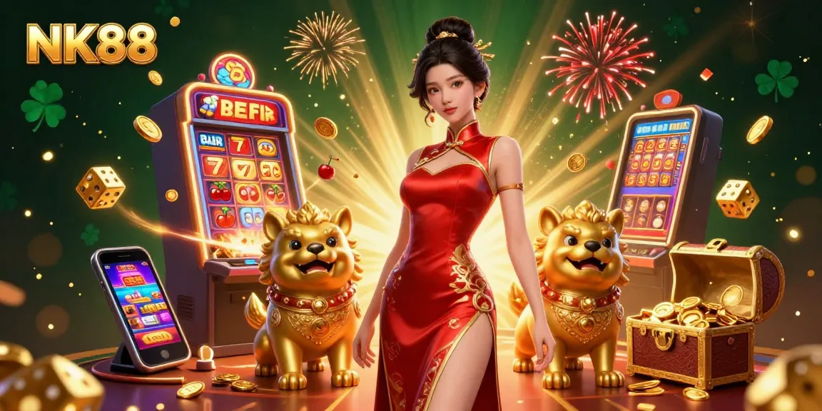 Celebrate wins at NK88 with vibrant 3D illustration showcasing glamorous characters and casino excitement.