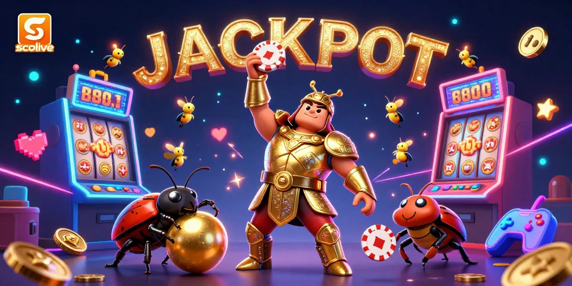 Socolive delivers high-quality gaming fun, featuring a hero beetle celebrating a jackpot in a vibrant casino atmosphere.