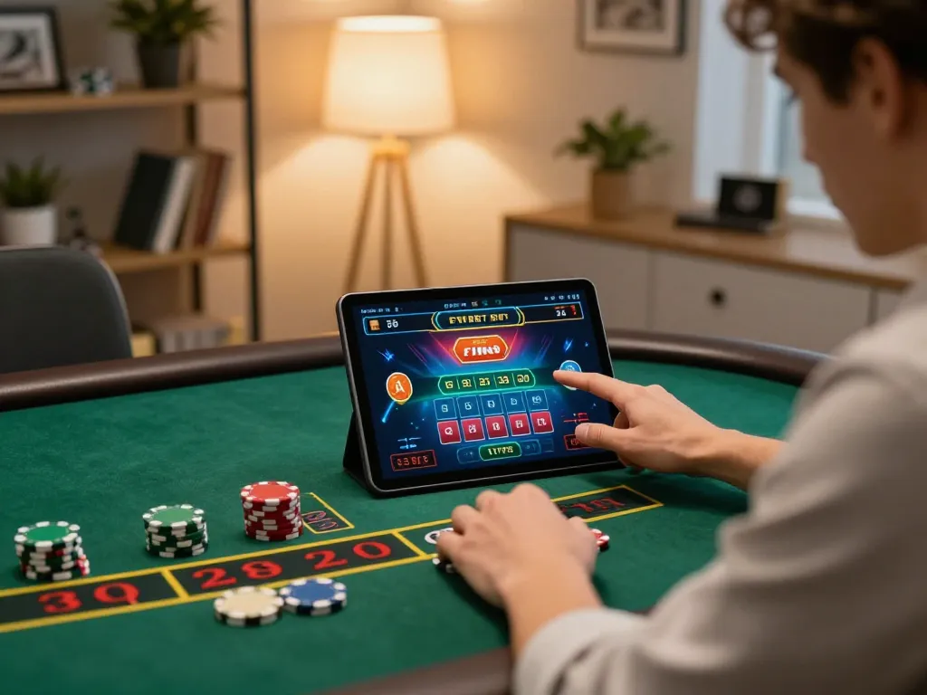 Player engaging with live dealer blackjack at home through tablet on HM88 platform, showcasing a modern lifestyle.