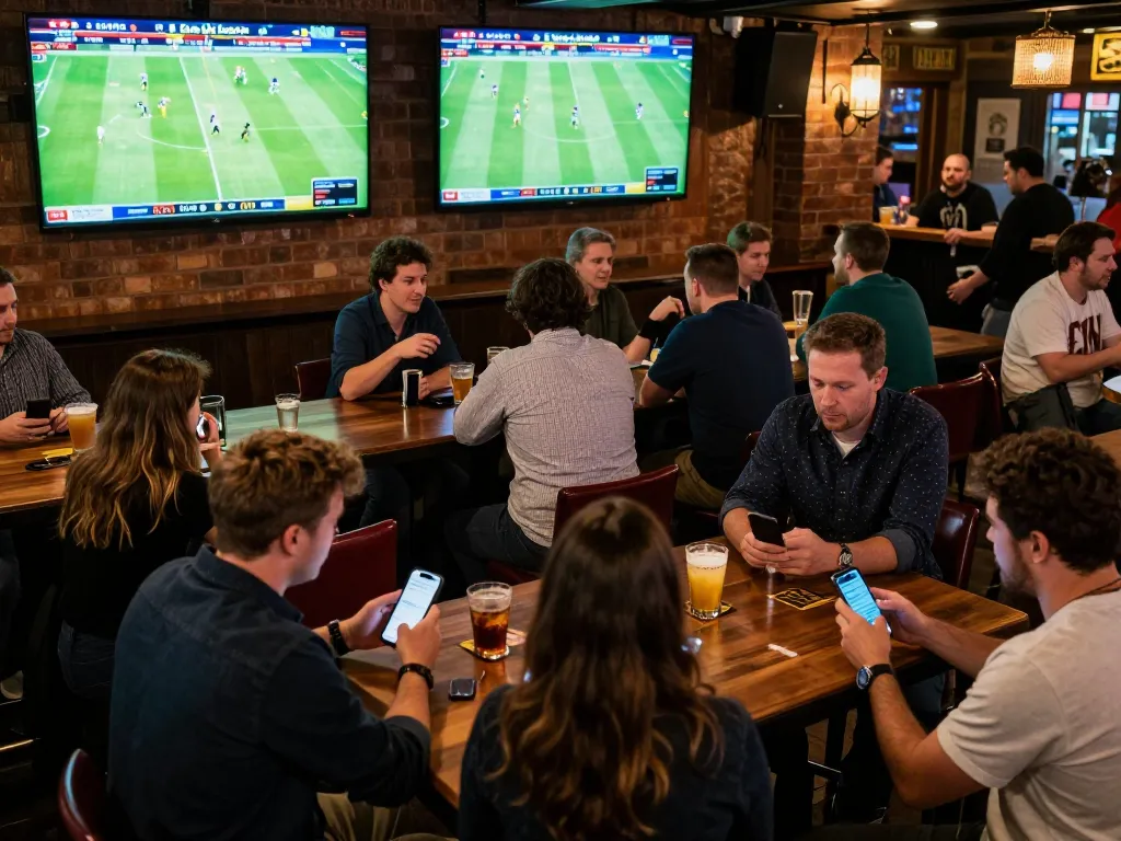 Bongdalu sports betting excitement at a sports bar with fans checking apps and enjoying matches.