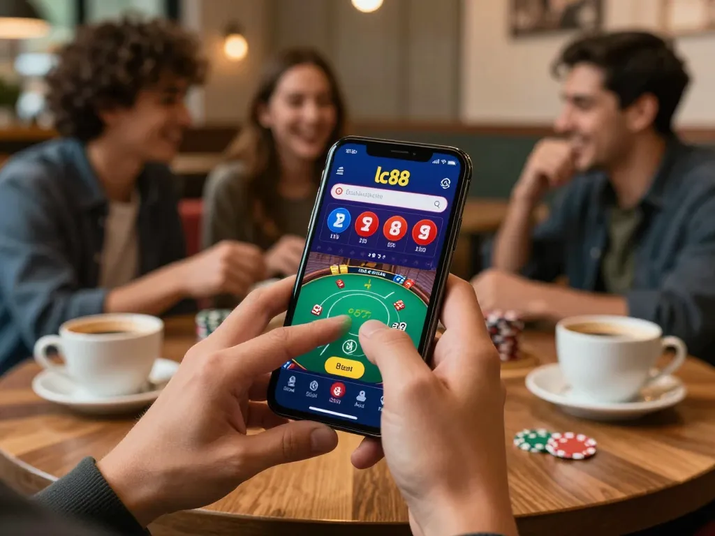 Play poker on the lc88 app with friends in a cozy coffee shop setting.