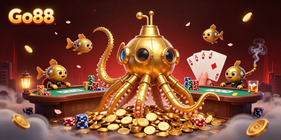 Go88 players dive into exciting poker action with golden kraken amidst vibrant casino elements.