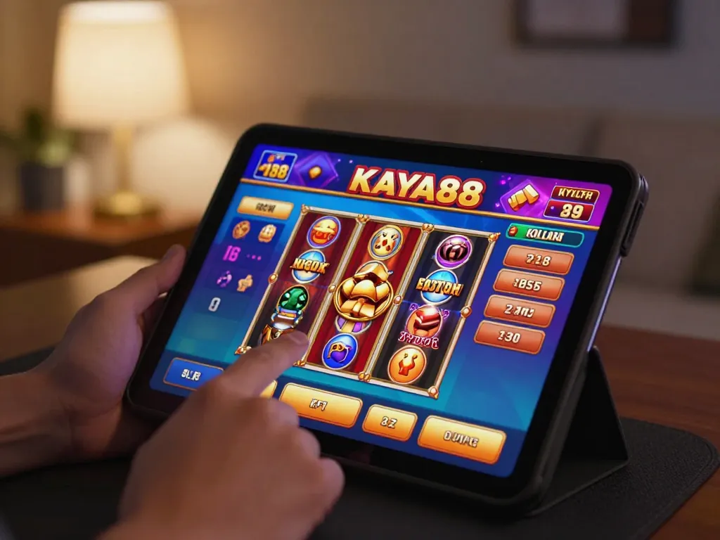 KAYA88 player exploring online casino gaming features on a tablet in a cozy home setting.