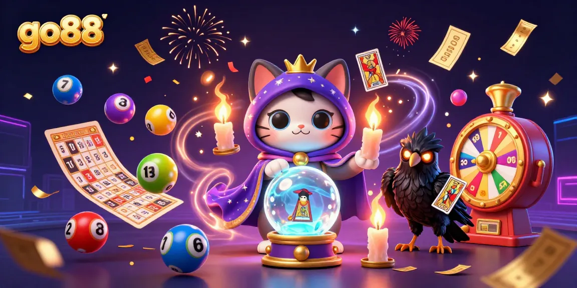 Engage with go88's vibrant casino experience featuring lottery balls, mystical characters, and dynamic gaming elements.