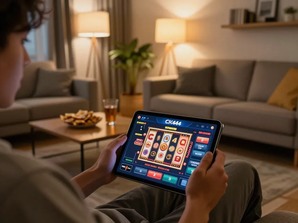 Engaging gameplay on the CK444 app in a cozy home setting with warm lighting.