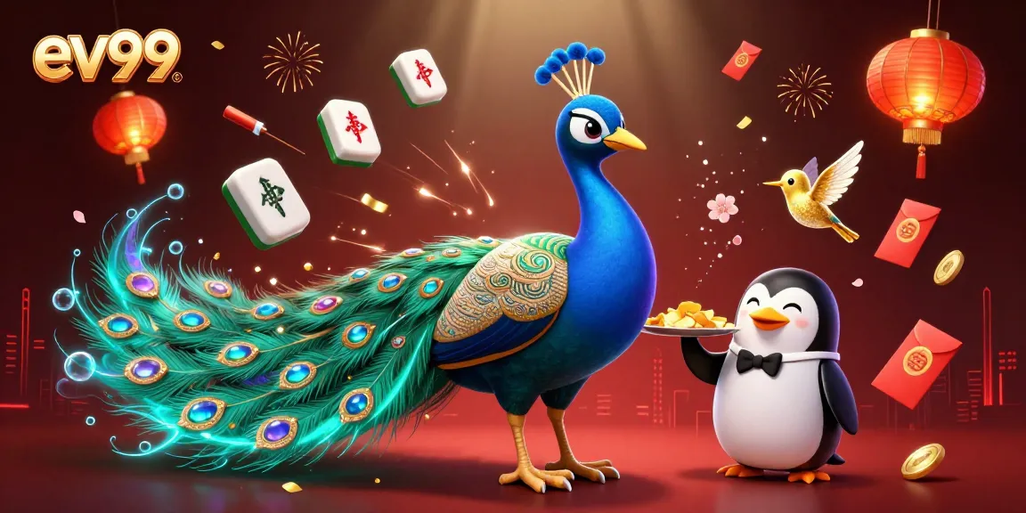 Unveil thrilling wins at ev99 with an aristocratic peacock and colorful casino elements.