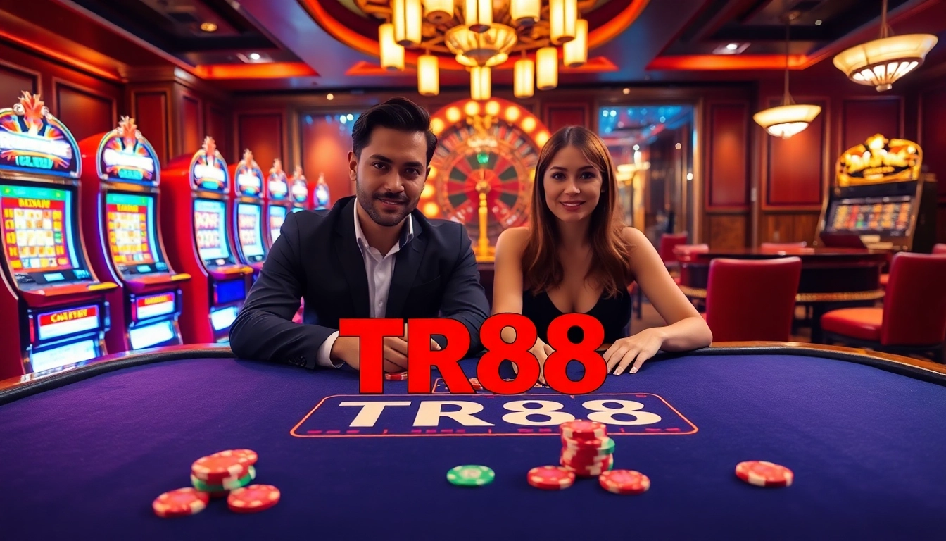 Players engaging at the TR88 casino table, embodying excitement and anticipation in a vibrant gambling scene.