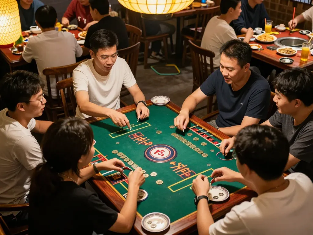 Players engaging in an exciting game of xóc đĩa, vibrant colors and traditional coins visible.