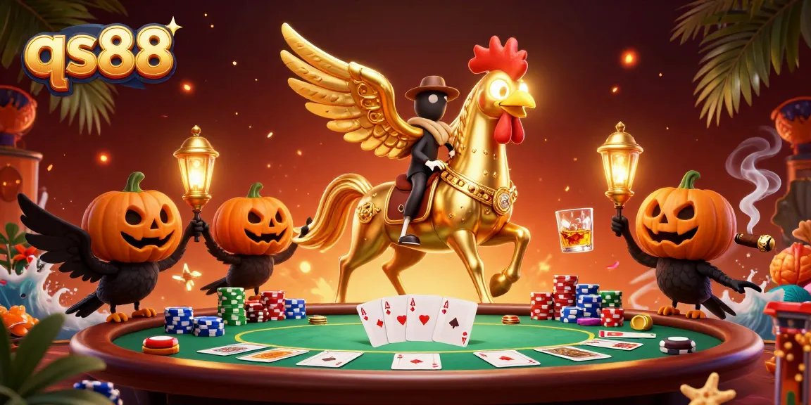 Experience thrilling action at qs88 casino with a golden rooster and spectral horse amidst poker chaos.