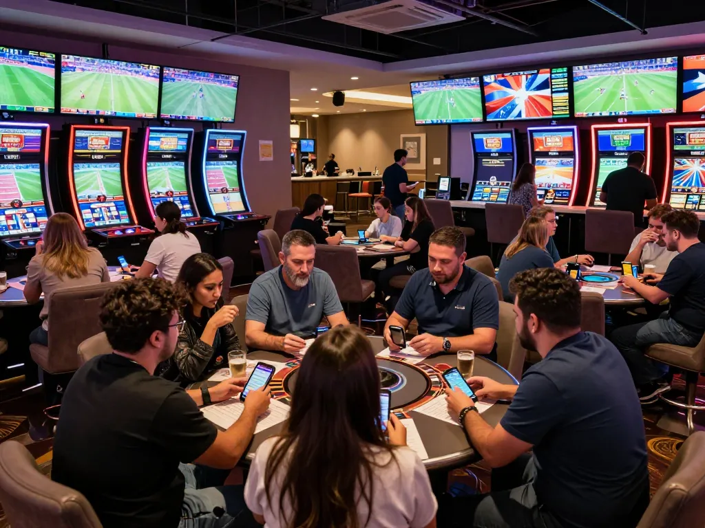 rokok88 sports betting lounge filled with enthusiastic bettors engaging with live games