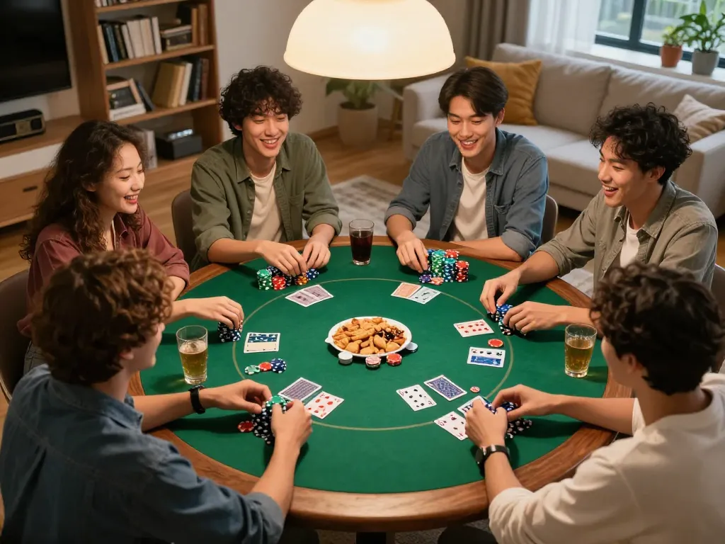 Players participating in an engaging home poker night with n88 as the game of choice, showcasing camaraderie and excitement.