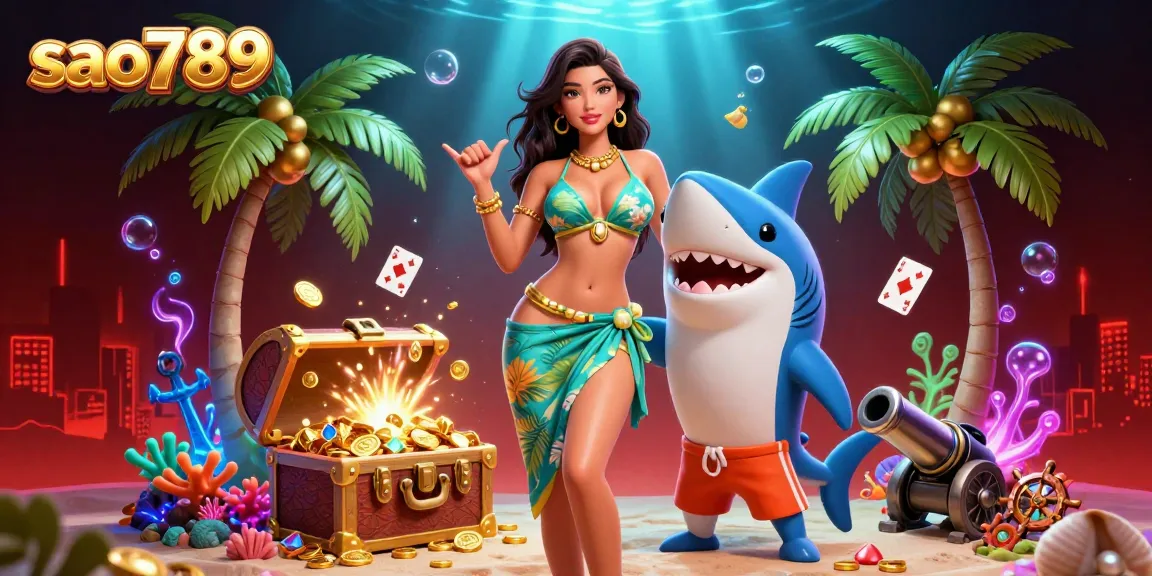 Sao789 enhances the online gaming experience with vibrant 3D illustration of a tropical beach goddess and a surfer shark, surrounded by casino elements.