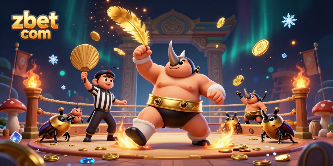 Bet on thrilling games at zbet com with a dynamic illustration of a sumo beetle champion.