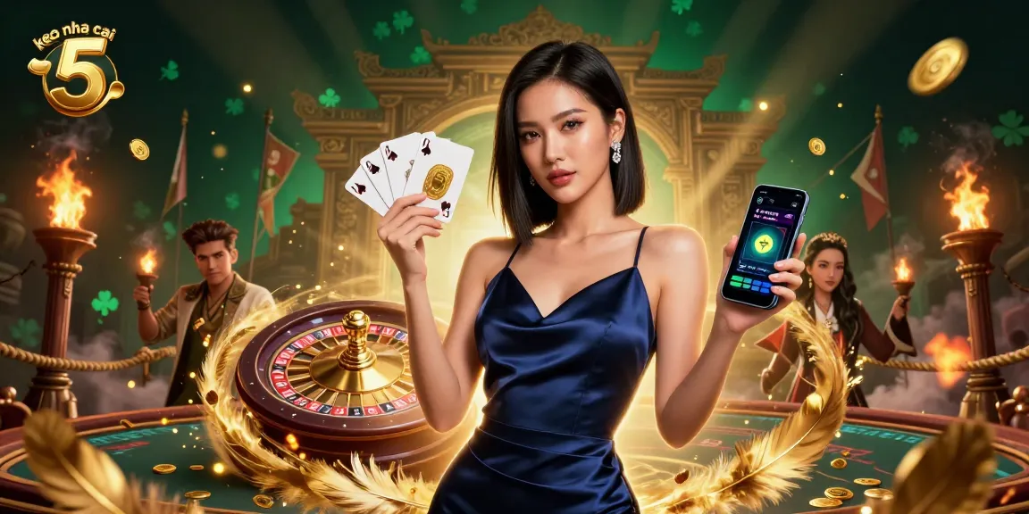 Experience excitement with keo nha cai 5 as a confident woman holds a golden chip and casino app