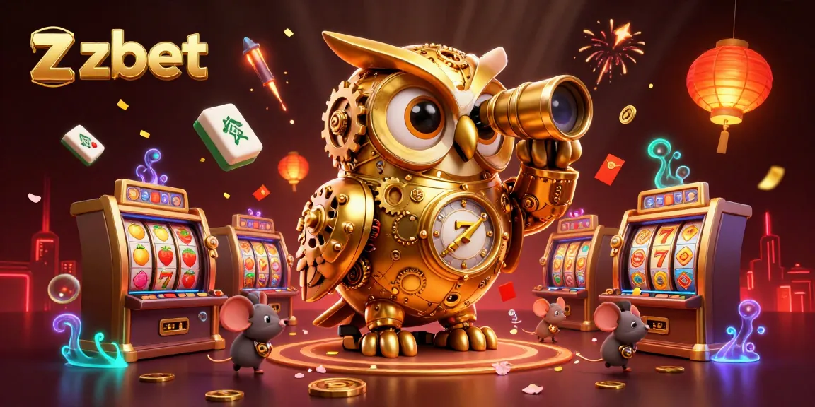 Experience thrilling zbet casino action with a clockwork owl and vibrant game elements in a dynamic illustration.