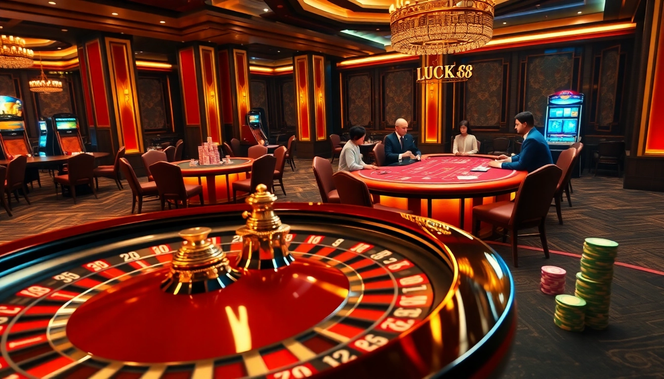 Experience the excitement of nhà cái LUCK8 with vibrant casino visuals featuring roulette, cards, and chips.
