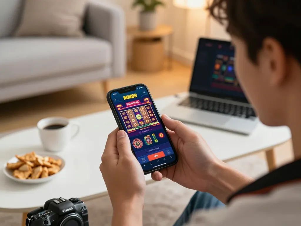 MM88 player enjoys mobile gaming on a smartphone, set in a cozy home environment.