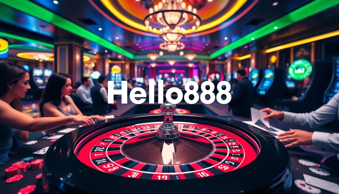Experience thrilling gameplay at https://hello88app.com/ in a vibrant casino setting with roulette and poker elements.