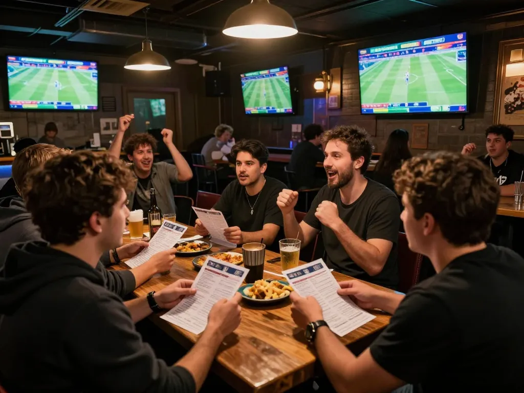 Fans eagerly reviewing keobongda betting slips during a live sports event at a lively bar