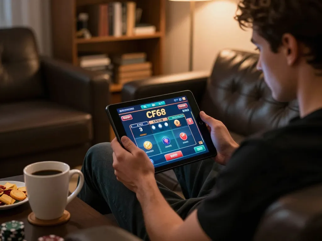 Engaged player using link cf68 on tablet for poker, cozy home setting captures thrilling online gaming experience.