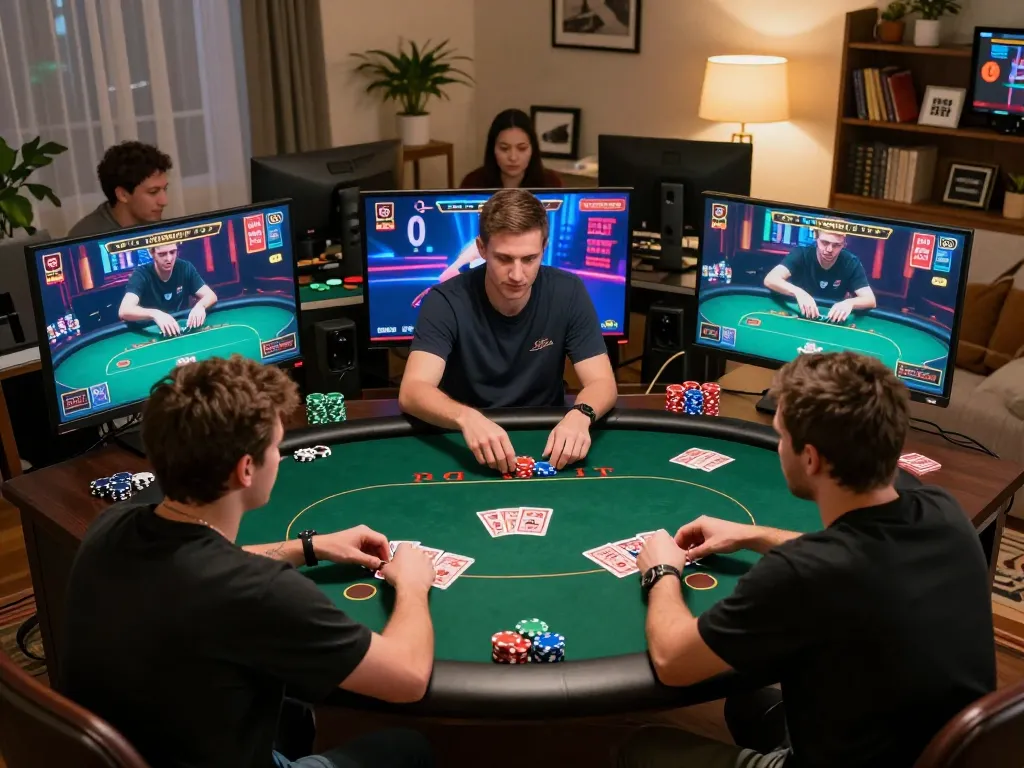 Players enjoy a thrilling poker game at fly88, showcasing dynamic online gaming moments in a cozy home setup.