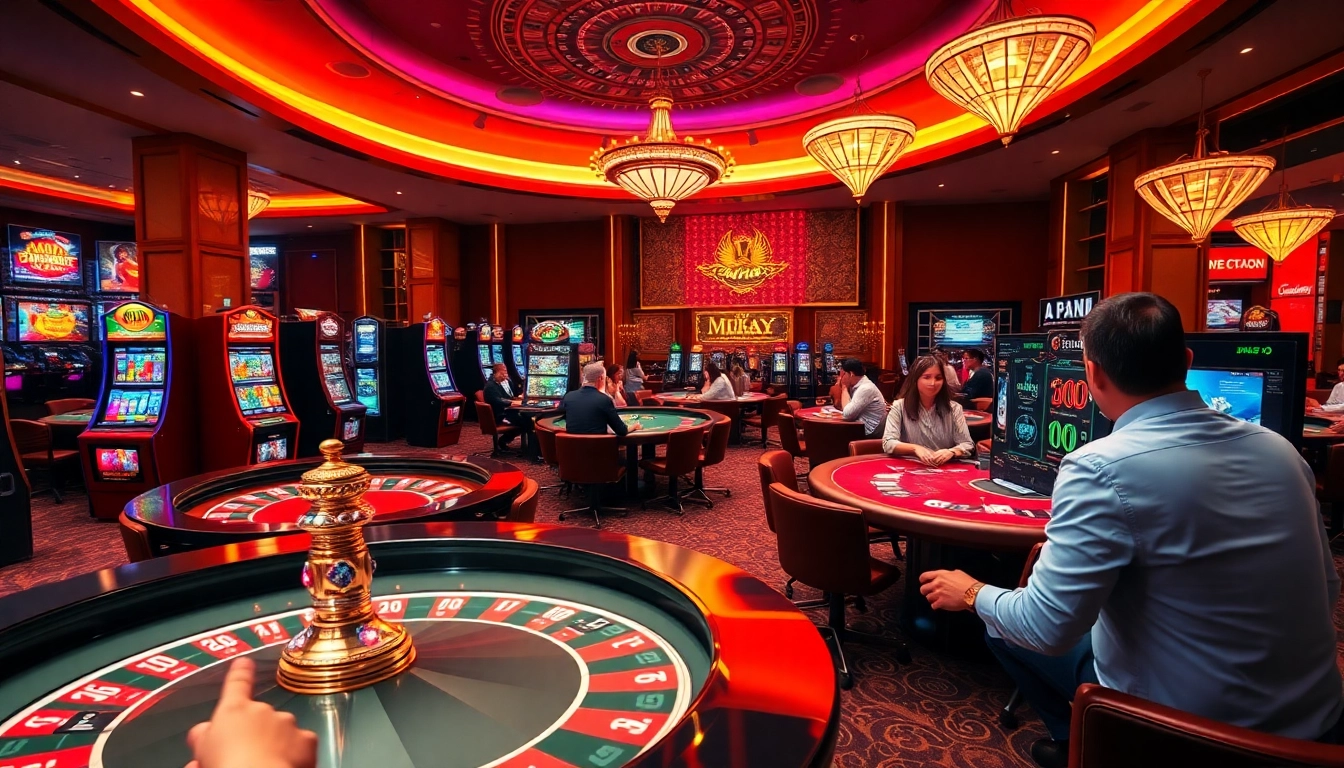 Experience high-stakes excitement at https://mm88.moe/ with vibrant gaming tables and slot machines.
