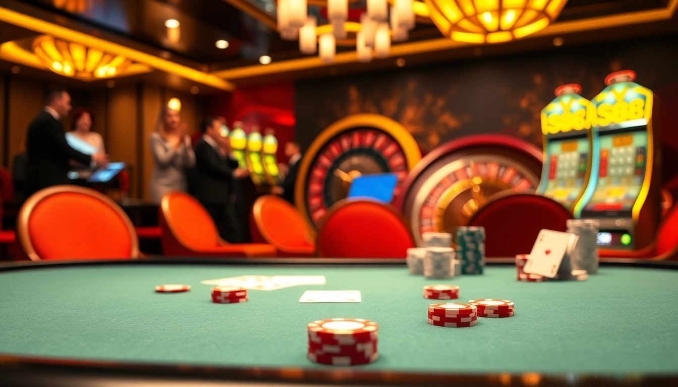 Experience thrilling gaming at Go88 with poker chips and a roulette wheel in an elegant casino.